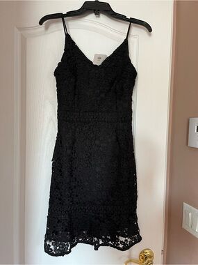 Main Strip Black Lace Spaghetti-Strap Mini Dress